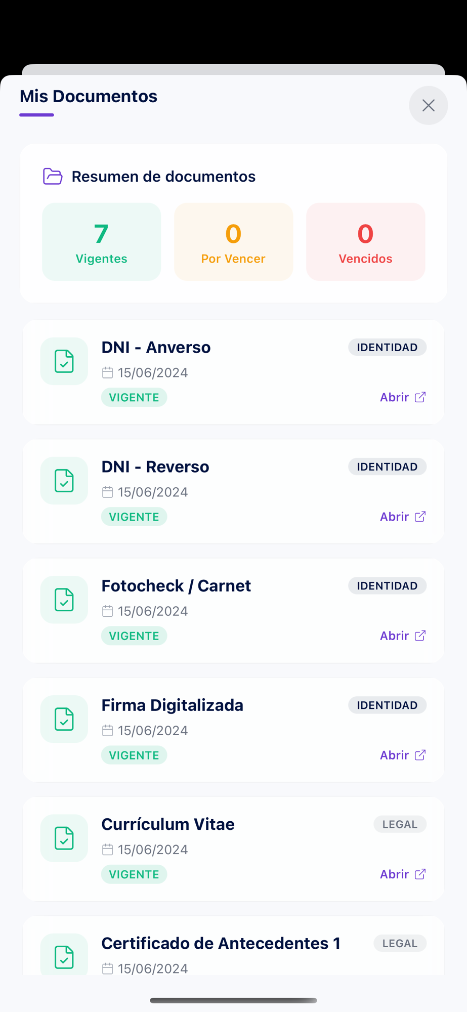 Mis Documentos — vigentes, por vencer y vencidos del trabajador en Wallet Personal