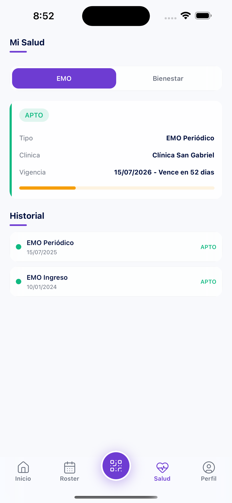 Mi Salud · EMO con vigencia — captura del app Wallet Personal en producción (CUMBRA · Quellaveco)